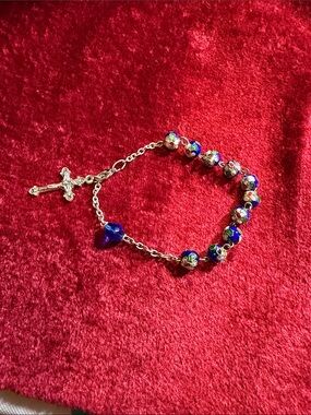 Vintage Made in Italy Blue Cloisonné Bead Rosary Bracelet with Cross 6”-8”